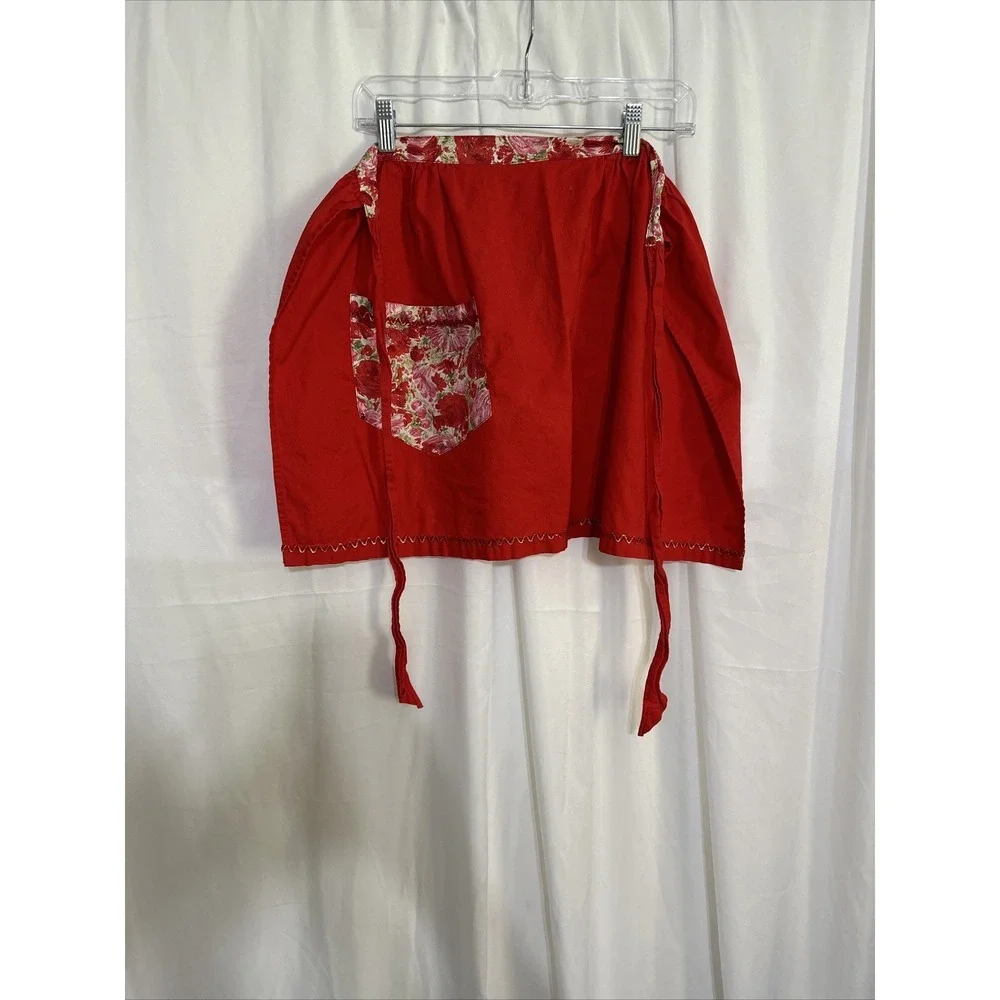 Unbranded Half Apron Women OS Red Excellent‎ Floral Pocket Rickrack Retro Cotton
